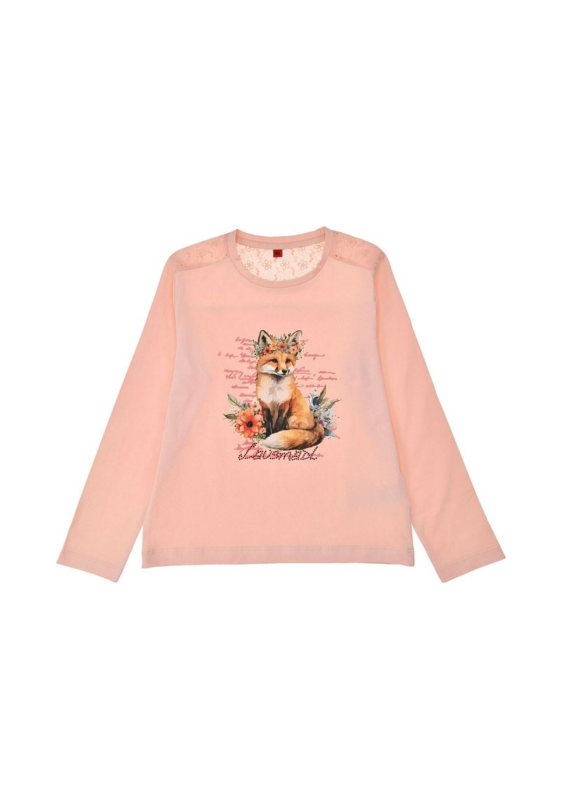 Helles rosa Langarmshirt mit einer Füchse-Illustration, floralem Akzent und Schriftzug, aus weichem Material und mit Spitzen Details an den Schultern.