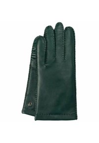 Guante de cuero en verde oscuro, con una textura suave, puño extendido y costuras contrastantes a lo largo de las costuras. Incluye detalle de logo.