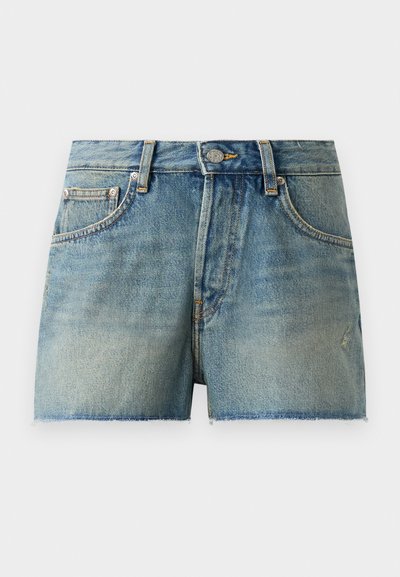 Denim shorts in light blue, featuring a high-waisted design, frayed hem, and traditional five-pocket style with metal hardware.