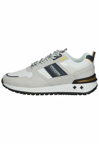 Gray suede and mesh sneaker featuring a white midsole, black rubber outsole, yellow accent, and blue and white stripes with logo detail.