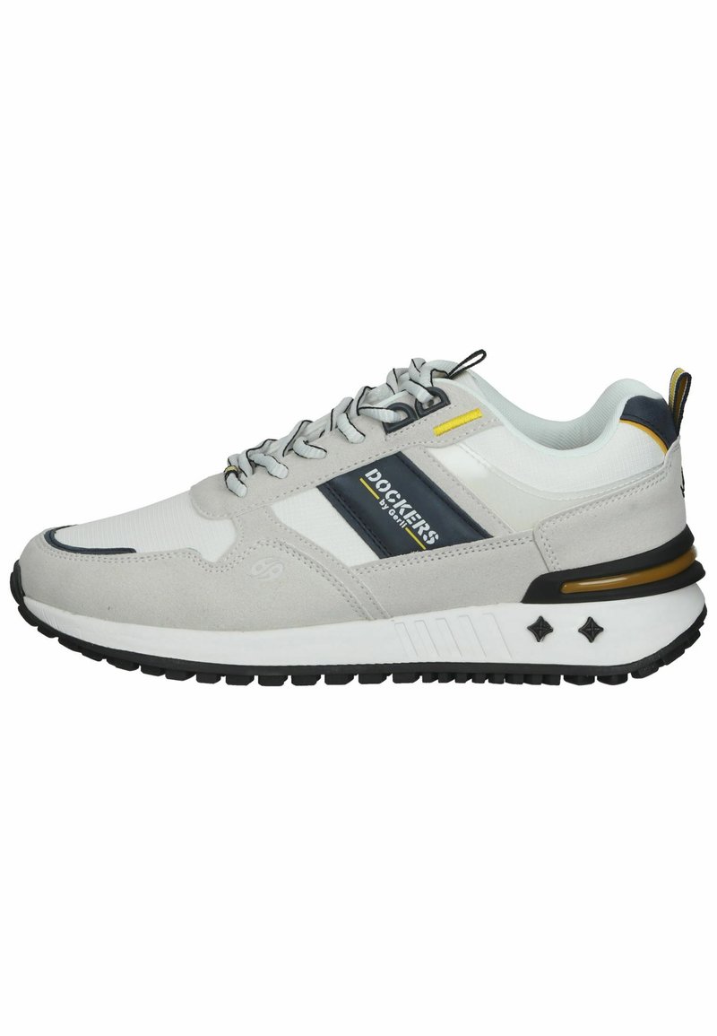 Gray suede and mesh sneaker featuring a white midsole, black rubber outsole, yellow accent, and blue and white stripes with logo detail.
