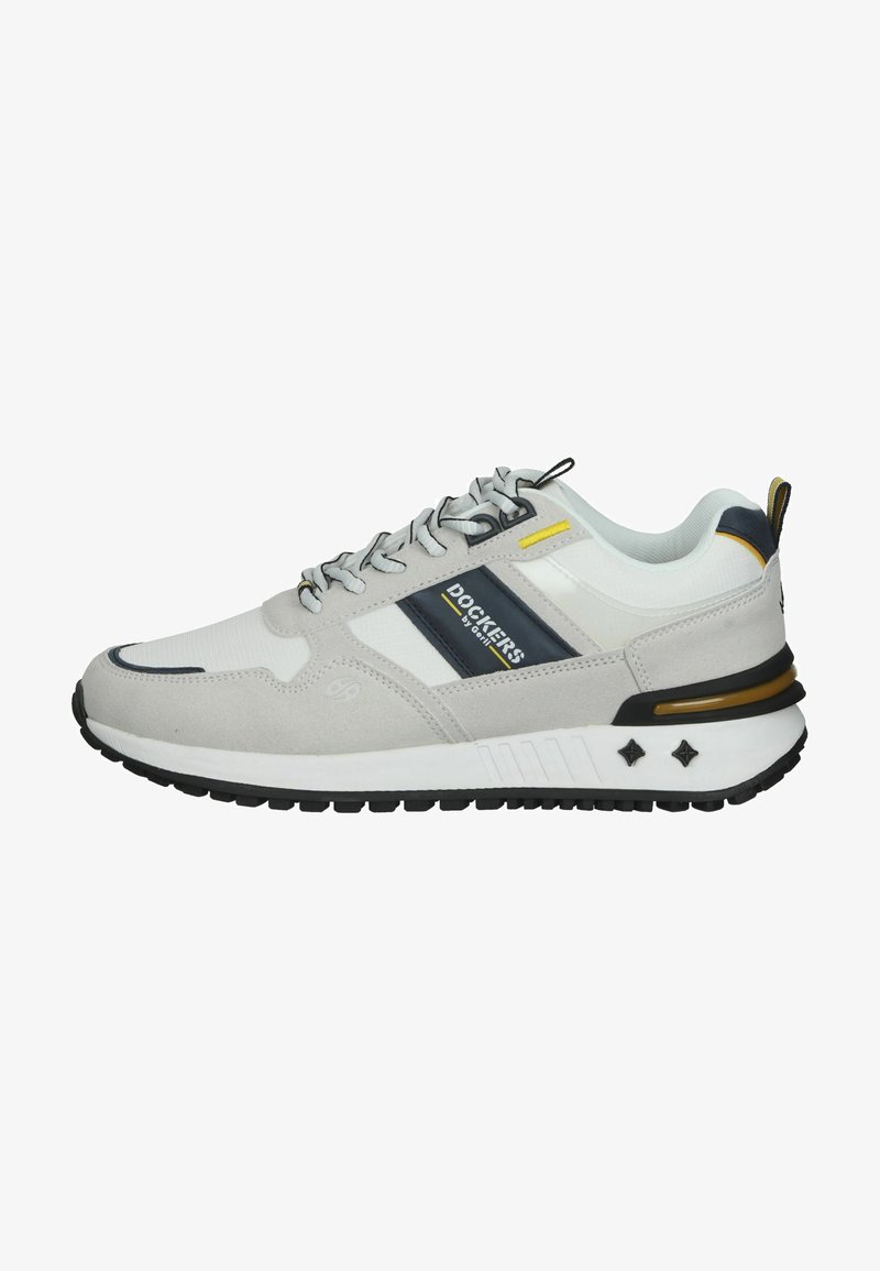 Gray suede and mesh sneaker featuring a white midsole, black rubber outsole, yellow accent, and blue and white stripes with logo detail.