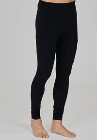 Schwarze Leggings aus glattem, dehnbarem Stoff; knöchellang mit enger Passform und elastischem Bund, minimalistische Nahtdetails.