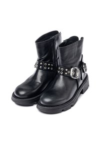 Black leather ankle boots featuring a silver buckle and metal studs on a strap. The design includes a side zipper and rubber sole.