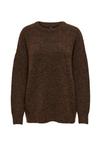 Brun striktrøje med rund hals, dropped skuldre og ribbede manchetter. Blød tekstur, afslappet pasform og let oversized design.
