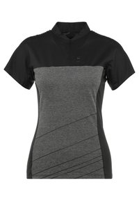 Sportovní tričko s krátkým rukávem, černým horním dílem a spodním dílem v šedé melanži s diagonálními pruhy, vyrobené z prodyšné, lehké látky.