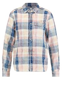 Chemise à carreaux en tissu léger dans des tons de bleu, rose et beige. Dispose d'un devant à boutons et d'une poche poitrine simple avec rabat.