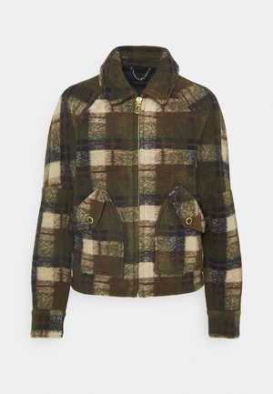 Wolljacke mit Reißverschluss in grün-braun-cremefarbenem Karomuster, Stehkragen und zwei vorderen Klappentaschen mit Knopfverschluss.