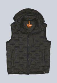 Schwarze gesteppte Steppweste mit abnehmbarem Kapuzen, Frontreißverschluss und zwei Seitentaschen. Innen mit einem orangefarbenen Markenschild versehen.