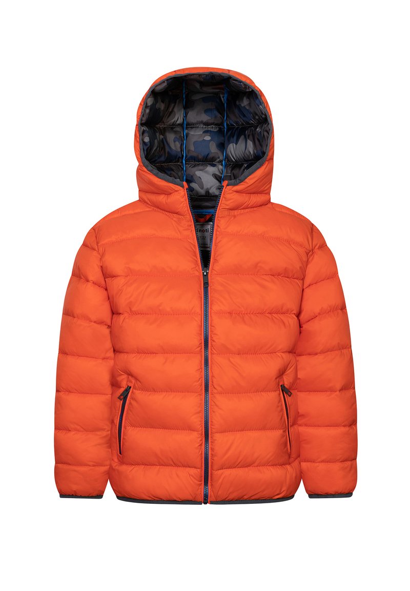Padded orange jacket mit Kapuze, ausgestattet mit einem kontrastierenden schwarzen Camouflage-Futter, durchgehendem Reißverschluss und seitlichen Taschen.