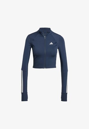 Granatowa, krótkia kurtka z suwakiem, z długimi rękawami, prążkowaną teksturą na ramionach, akcentami w białe paski na rękawach oraz małym białym logo.