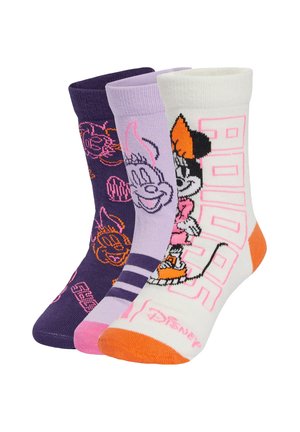Three pairs of crew socks: purple with orange graphics, lavender with pink accents, and white with a pink logo and orange heel.