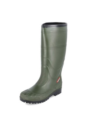 Hoher olivgrüner Gummistiefel mit profilierter Sohle und verstärkter Spitze, für den Außeneinsatz oder nasse Bedingungen.