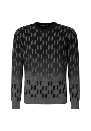 Pull noir et gris à manches longues avec un motif pied-de-poule dégradé et un col rond.