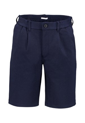 Granatowe spodenki do kolan z guzikiem i paskiem w talii, szlufkami na pasek oraz bocznymi kieszeniami, przedstawione na białym tle.