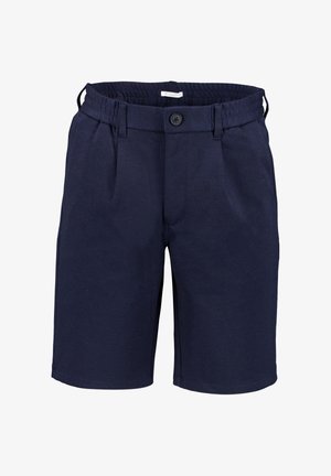 Marineblaue, knielange Shorts mit Knopf und Bund, Gürtelschlaufen und Seitentaschen, auf weißem Hintergrund dargestellt.