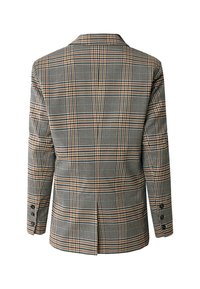 Blazer a quadretti nei toni beige, nero e arancione; tessuto strutturato, apertura centrale sul retro e polsini con bottone. Vestibilità su misura con rever classici.