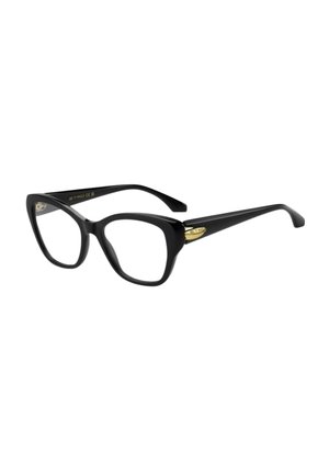 Occhiali da vista rettangolari neri con montatura spessa e dettaglio logo color oro sulle aste.