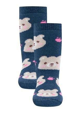 Navy blue kids' socks with knitted smiling bear faces and small pink crab motifs throughout.
