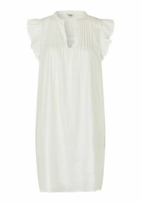 Weißes Leinenkleid mit lässigem Schnitt, kurzen Rüschensäumen, rundem Ausschnitt und vertikalen Falten an der Vorderseite.