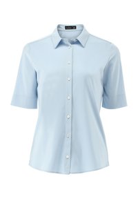 Light blue short-sleeve collared shirt made of smooth fabric with a button-down front and five white buttons. Hem is slightly curved.