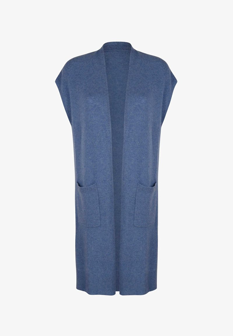 Long gilet bleu en maille sans manches, ouvert sur le devant, avec deux poches avant, ourlet droit et coupe décontractée.