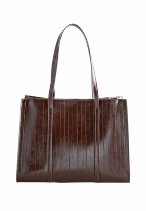 Brown leather tote bag with vertical stripes, two long handles, and a zip closure. Smooth texture and structured design.