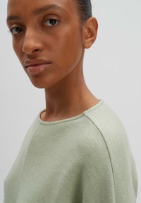 Maglione verde chiaro con una texture morbida, scollatura rotonda e maniche raglan, caratterizzato da una finitura liscia e dettagli di cucitura minimi.