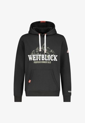 Schwarzer Hoodie mit weißen Kordeln, Fronttasche, Berggrafik und deutschem Text "WEITBLICK Perspektive verändert alles" auf der Brust.