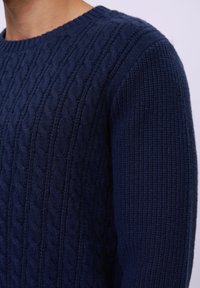Navy blue knitted sweater featuring a cable pattern, round ribbed neckline, and textured sleeves, made from soft yarn.