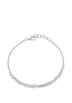 Braccialetto a catena in argento con moschettone e maglie regolabili su sfondo bianco.
