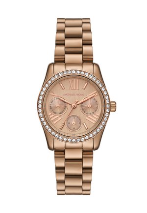 Rose gold Michael Kors wristwatch with crystal-studded bezel, three subdials, Roman numerals, and metal link bracelet.