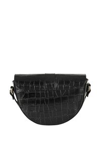 Czarna torebka w kształcie półksiężyca wykonana z skórki ze wzorem krokodylej skóry. Posiada górną klapkę oraz pasek na ramię z akcentami w kolorze złota.