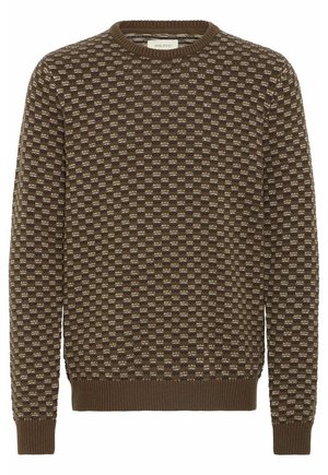 Brauner gemusterter Pullover mit Rundhalsausschnitt, gestricktem Textur und gerippten Bündchen. Mit einem karierten Design in hellen und dunklen Farbtönen.
