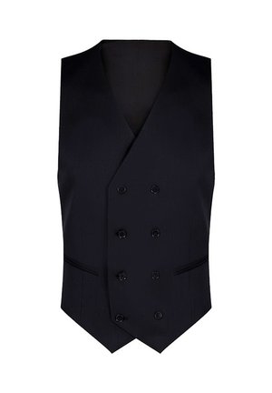 Czarna kamizelka dwurzędowa z sześcioma guzikami i dwoma poziomymi kieszeniami, dopasowany krój, prezentowana na białym tle.