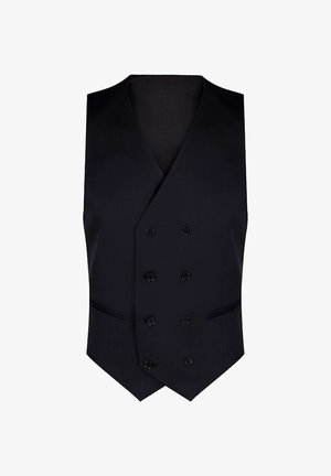 Czarna kamizelka dwurzędowa z sześcioma guzikami i dwoma poziomymi kieszeniami, dopasowany krój, prezentowana na białym tle.