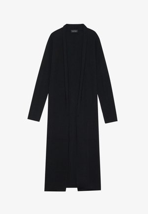 Cardigan lungo nero con apertura frontale, maniche lunghe, realizzato in un morbido materiale a maglia. Design semplice, senza fantasie né accenti.
