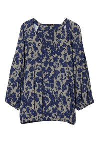 Bloemmotief blouse in gedempt groen en marineblauw, met een V-hals, driekwart mouwen, geplooide zoom en knoopdetail bij de halslijn.