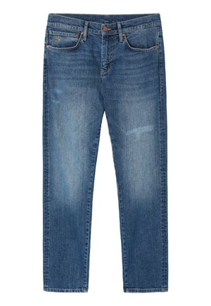 Jeans in denim blu con vestibilità dritta. Le caratteristiche includono una chiusura con bottone, cinque tasche, leggeri segni di usura e dettagli di cucitura a contrasto.