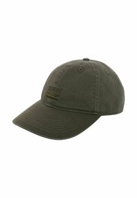 Olive green cotton cap with a curved brim, embroidered logo on the front, and ventilation eyelets on the crown.