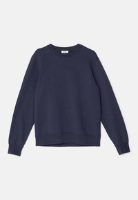 Sweat-shirt bleu marine foncé à col rond, manches longues, poignets et ourlet côtelés, avec un logo subtil de la marque centré près de l'encolure.