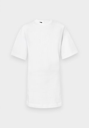 White cotton T-shirt with short sleeves, crew neckline, and a straight hem. Smooth texture with no visible patterns or accents.