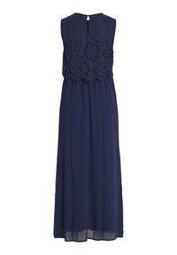 Robe longue bleu marine sans manches avec corsage en dentelle et détail dos ajouré, jupe fluide en chiffon et ourlet en dentelle festonnée.