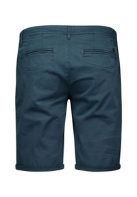 Donkerblauwe shorts van katoen, met een gladde textuur, omgeslagen zomen, een tailleband met riemlussen en twee achterzakken.