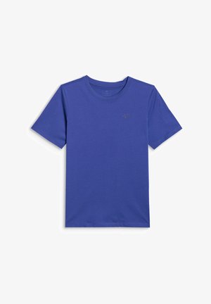 T-shirt bleu à manches courtes et col rond avec petit logo "4F" sur la poitrine gauche, posé à plat sur un fond blanc.