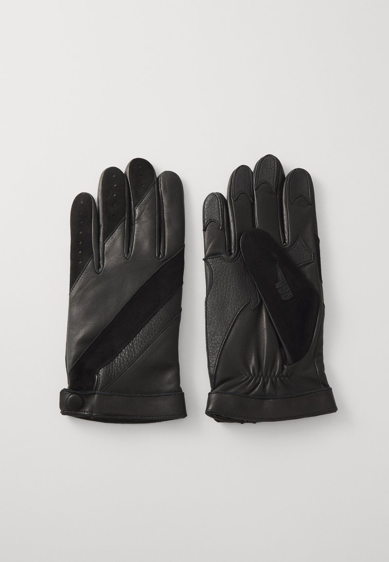 Gants en cuir noir au design épuré avec des accents en suédine, paumes renforcées et fermeture à boutons au poignet.
