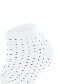 Chaussettes blanches à mi-mollet avec un motif à pois en rose clair, marron et gris. Le tissu semble lisse avec un poignet côtelé.