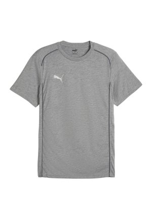 Grå atletisk t-shirt lavet af letvægtsstof. Har korte ærmer, rund halsudskæring og et hvidt logo på venstre bryst.