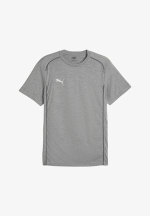 Tricou sportiv gri, dintr-un material ușor. Are mâneci scurte, decolteu rotund și un logo alb pe partea stângă a pieptului.