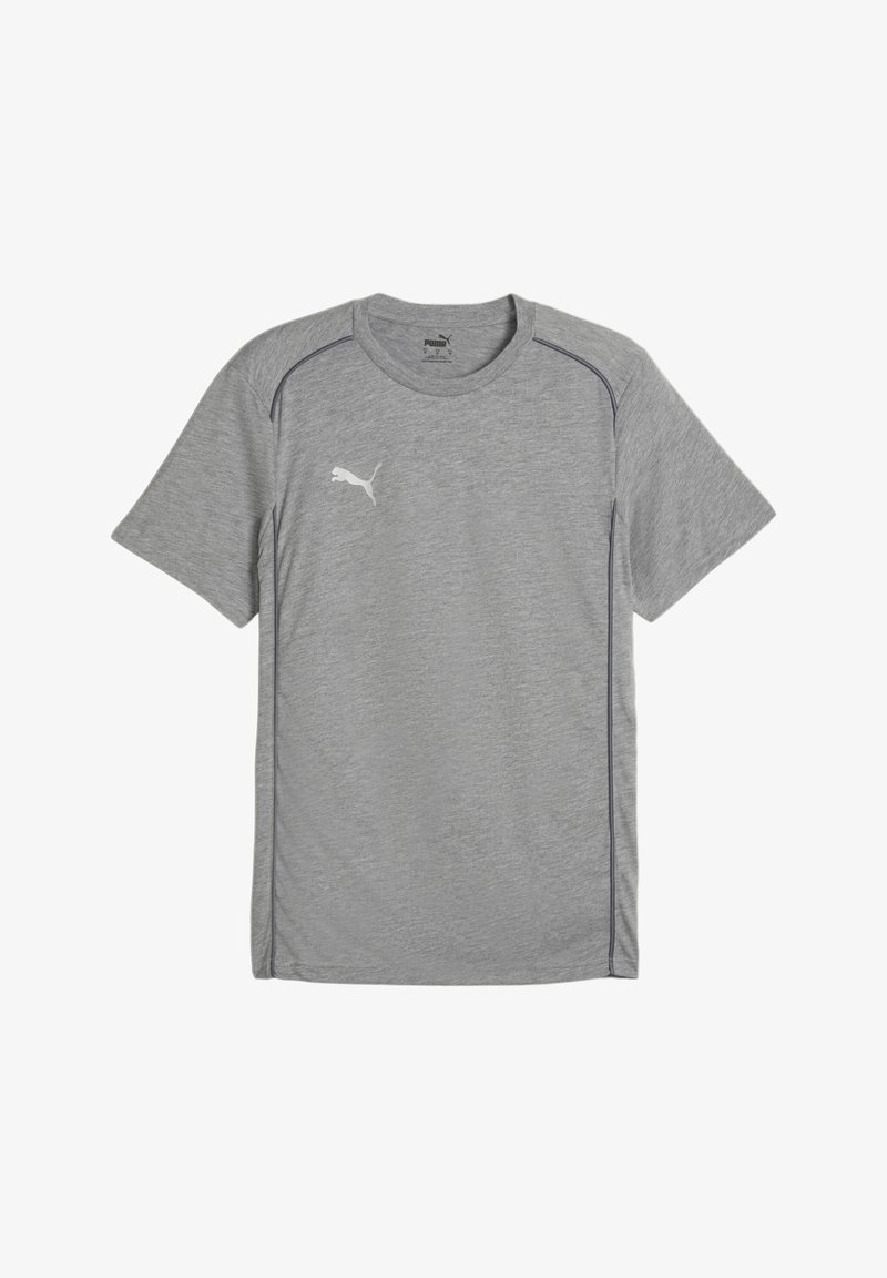 Gray athletic t-shirt made of lightweight fabric. Features short sleeves, rounded neckline, and a white logo on the left chest.
